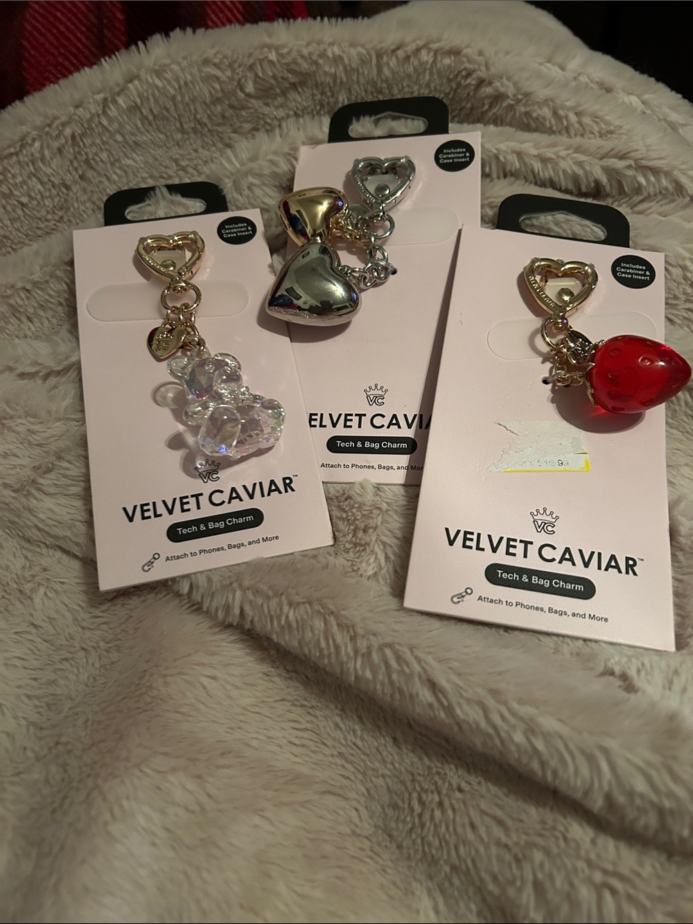 Velvet Caviar Gold and Red Heart Charm Bag & Tech Charm Set x3
